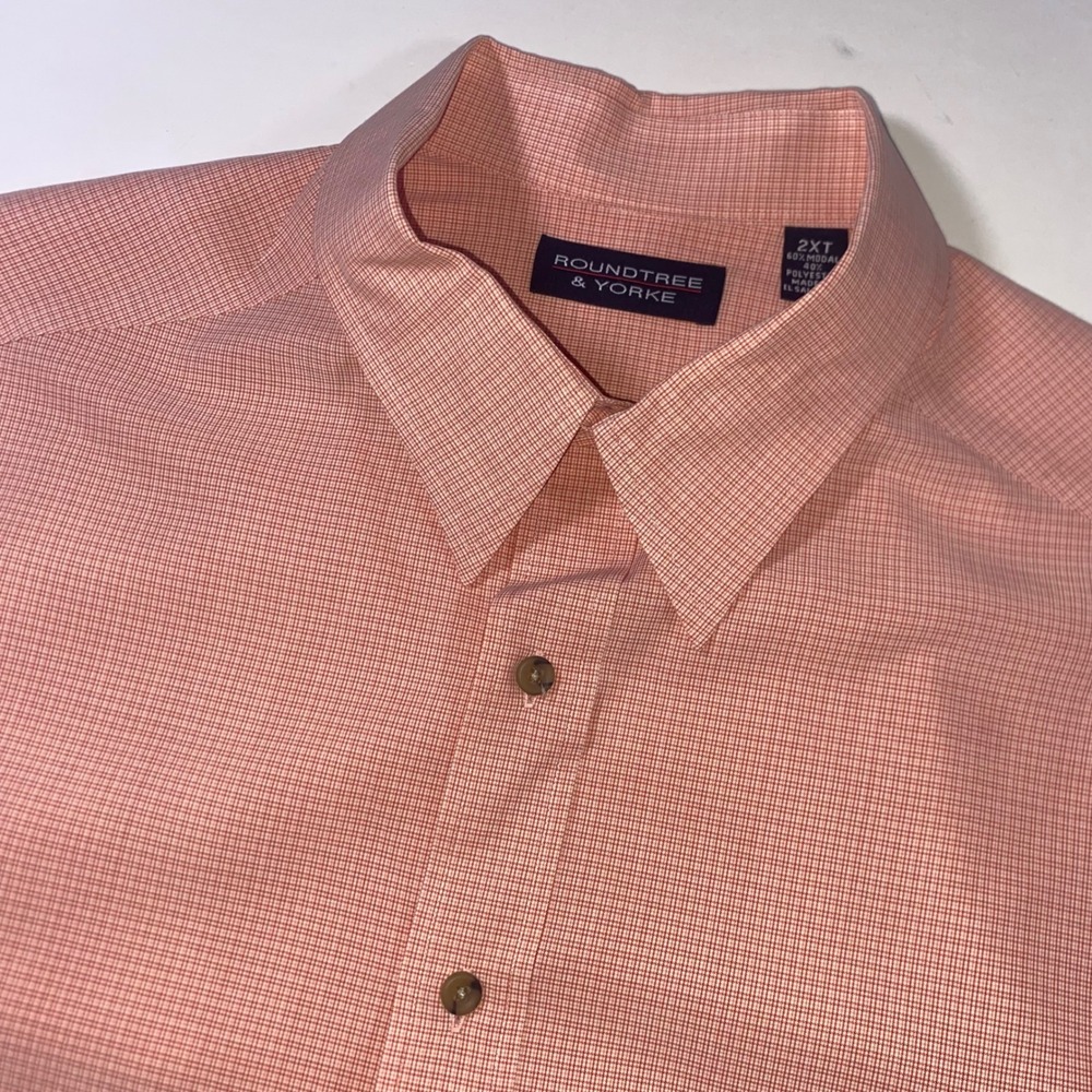Roundtree & Yorke Mens 2XT Salmon Orange Micro Check Short Sleeve Button Shirt
